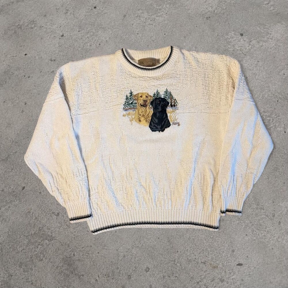 Vintage 1990s cream & white dog knit sweater with embroidered graphic of two dog